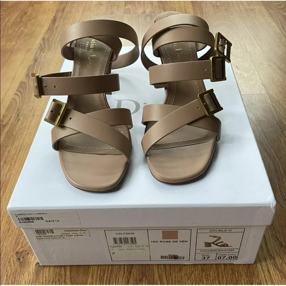 Christian Dior Beige Leather Double D logo Buckle Heel Sandal Shoes Size 37 - Picture 3 of 12